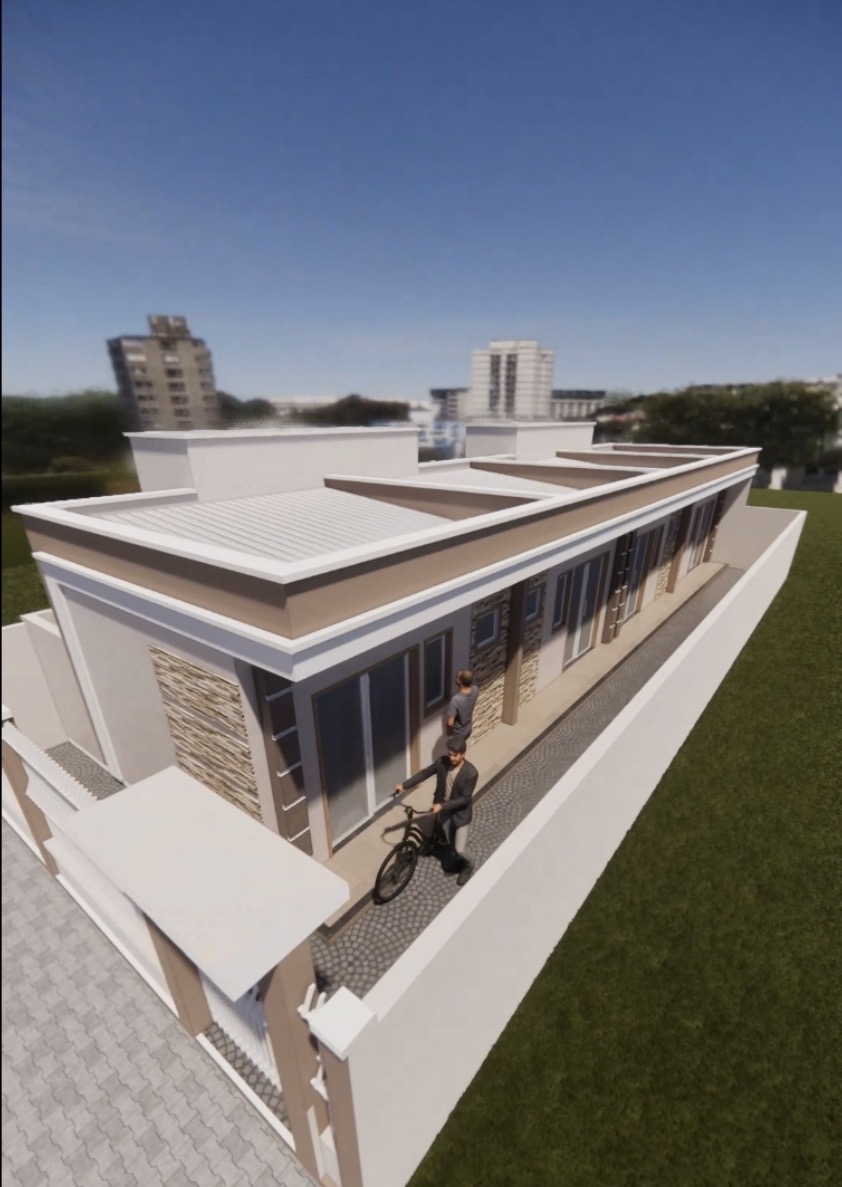 Render 3D do projeto com 4 kitnets em lote 8x20
