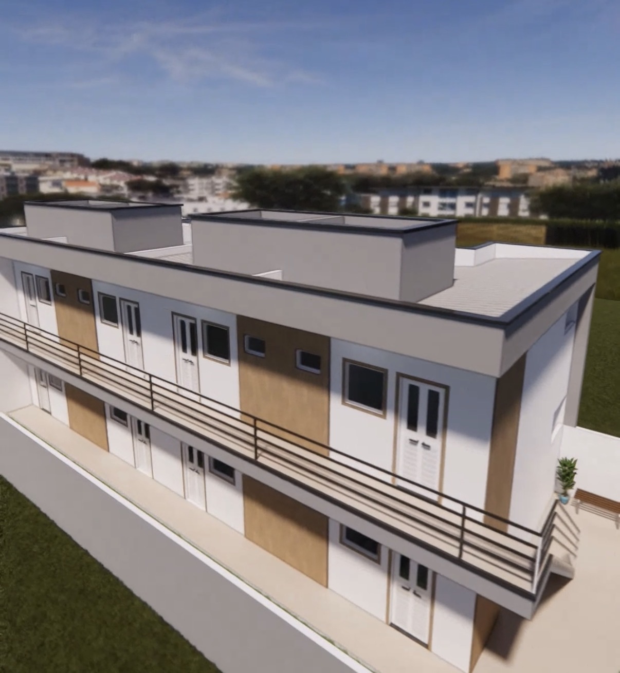 Render 3D do projeto com 8 kitnets em lote 9x20